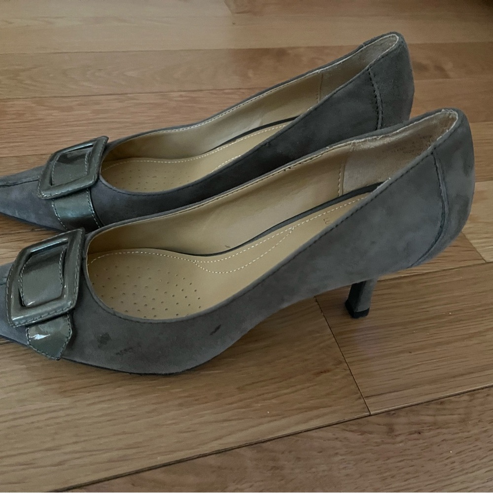 Gray suede pumps